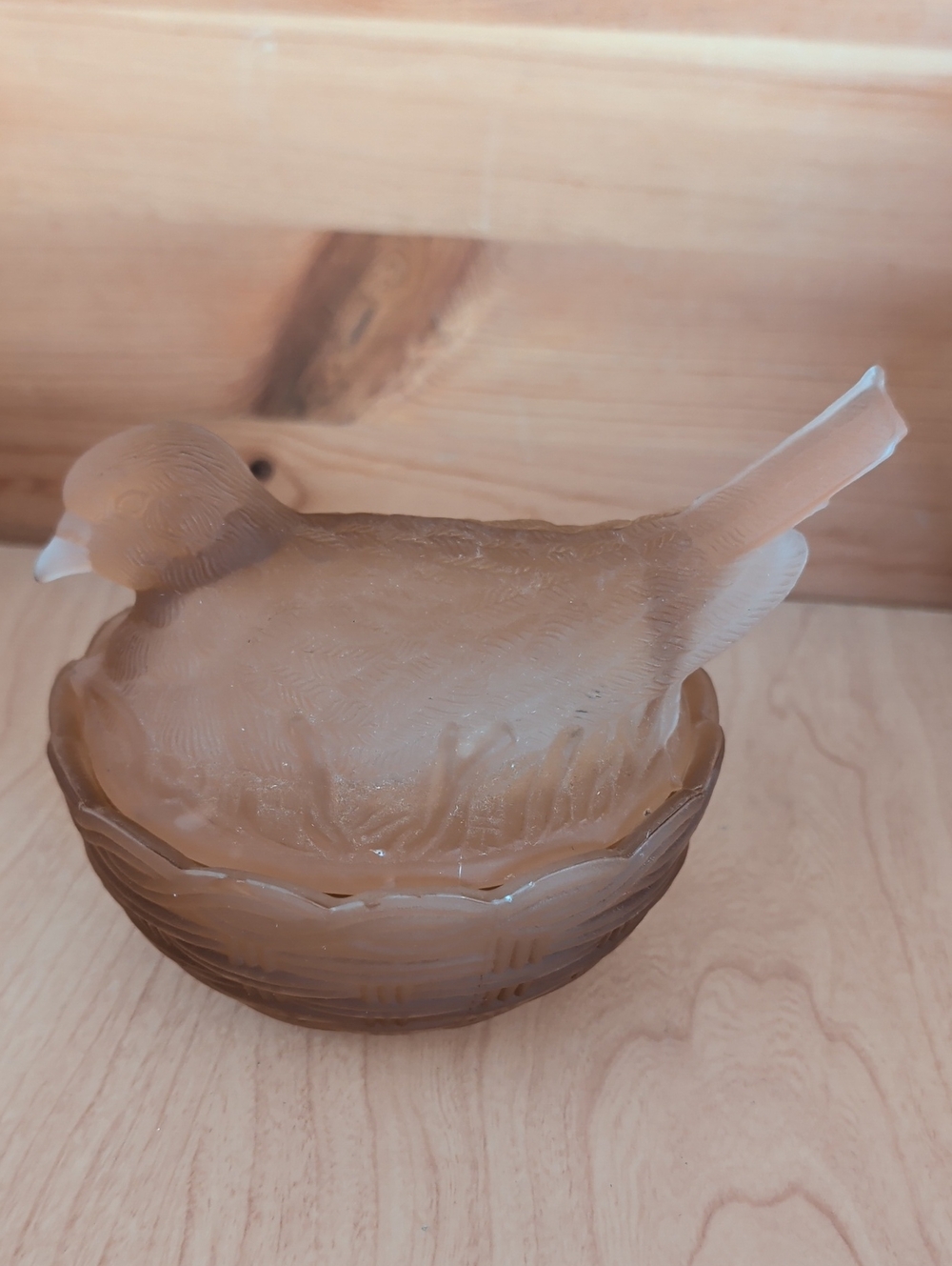 VTG. Heisey Frosted Pink Glass " Robin On A Woven Basket" Candy Dish.